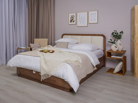 Кровать полуторная Hemwood с подъемным механизмом - Кровать из натурального массива сосны с мягким изголовьем и бельевым ящиком